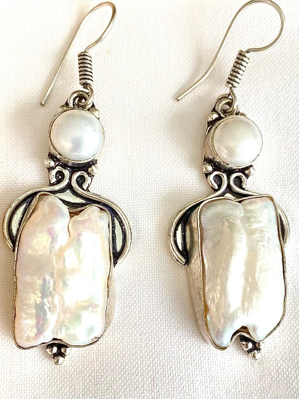 Vintage Huge Baroque Freshwater Pearl Earrings Silver Tone Artisan Statement